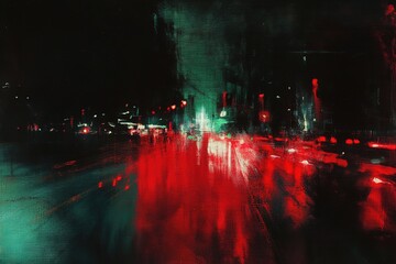 Abstract Night Cityscape Painting Red and Green Urban Impressionism
