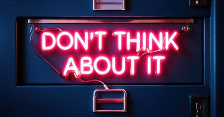 Neon don t think about it sign buzzing in glitchy red over locked file cabinet deep navy and bright silver symbolizing forbidden knowledge
