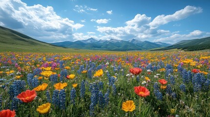 Fototapeta premium Vibrant wildflowers bloom beneath majestic mountains