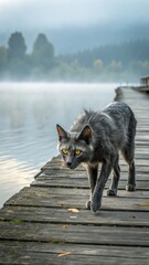 Cat walking along serene lake dock nature photography foggy atmosphere scenic viewpoint capturing graceful movement