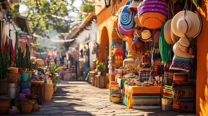 A picturesque view of a traditional Mexican market during Cinco de Mayo with vendors selling handmade crafts, sombreros, colorful textiles and delicious street food.
