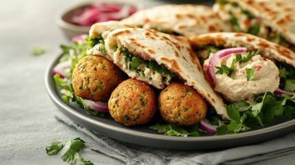 Delicious Falafel Sandwiches with Hummus and Vegetables on a Plate