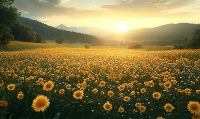 Fototapeta premium Golden sunset over vast sunflower field, serene mountains.