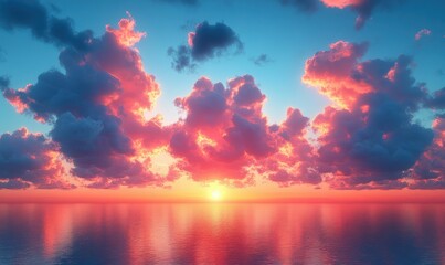 Fototapeta premium Fiery sunset paints ocean sky clouds