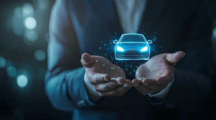 Innovative Car Technology: A person's hands cradling a digital car, showcasing the fusion of technology and automotive industry.