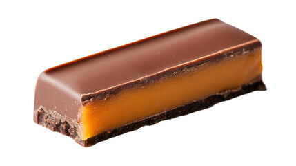 Close-up of a delicious chocolate caramel candy bar with a shiny coating and a creamy interior.