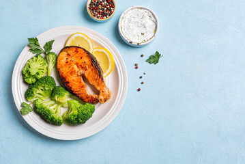 Roasted Salmon fish steak with steamed broccoli