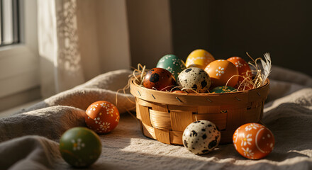 Rustic Easter basket with hand-painted and speckled eggs in warm sunlight