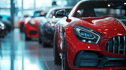 Lineup of Luxury: A vivid display of high-end automobiles showcased in a showroom, the sleek curves and vibrant colors capture the essence of automotive luxury and speed.
