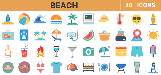 Fototapeta premium Beach Color Icons Set – Summer, Vacation, Travel, Surfing, Sunbathing, Tropical, Holiday, Ocean, Palm Tree, Sunglasses, Swimming, Relaxation, Outdoor Activities