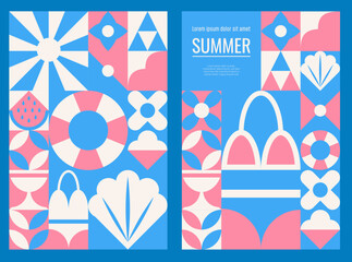 Geometric pattern of summer symbols made of squares in sky and sea colors. Vector illustration