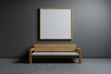 A simple interior scene featuring a wooden bench and a blank canvas hanging on a dark gray wall backdrop