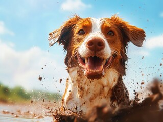 beautiful happy dog bathing in mud and splashing on sunny day background