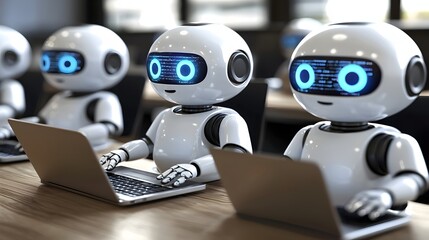 Three Futuristic Robots Working on Laptops in a Modern Office Environment with High-Tech Features