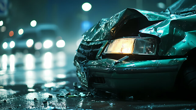 Crashed Car: A dramatic scene unfolds as a heavily damaged car sits on a rain-slicked road, headlights still illuminated, a poignant reminder of a serious accident.