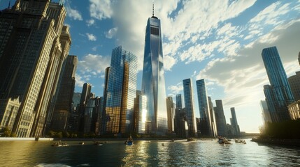 One world trade center towering over hudson river