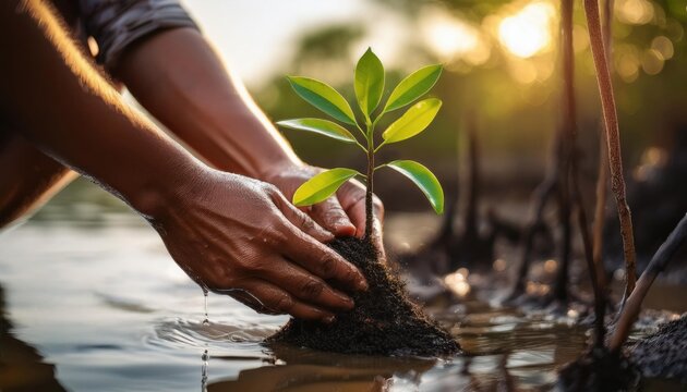 Person planting a young green mangrove sapling in wet soil with sunlight illuminating the water and hands - Powered by Adobe