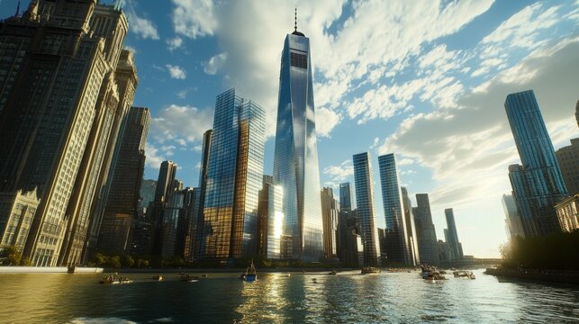 One world trade center towering over hudson river - Powered by Adobe