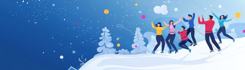 Team building adventure colleagues mountain climbing in winter wonderland outdoor activity scenic view excitement