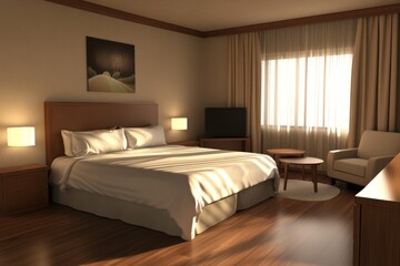 Well lit modern bedroom interior with comfortable furniture and decoration