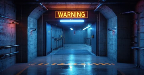 Neon lit underground bunker entrance with flickering warning sign deep navy and bright silver symbolizing security measures