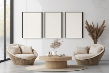 Modern Minimalist Living Room with Natural Wood Accents, Cozy Circular Lounge Chairs, and Neutral Tones