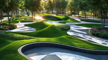Scenic parkland design with winding pathways and lush greenery at sunrise