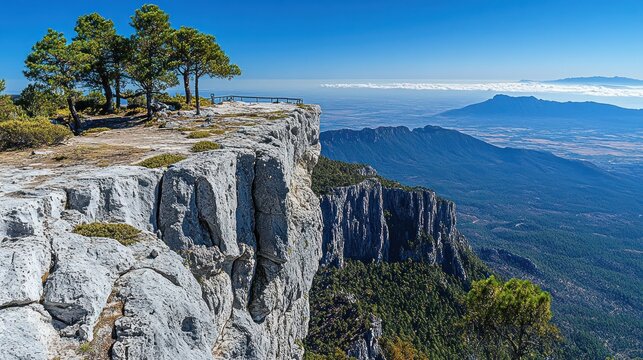 Stunning mountaintop vista.  Elevated viewpoint offers panoramic landscape,  rocky cliff edge, and forested valley below