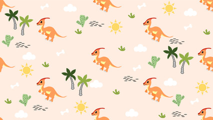 Dinosaurs seamless pattern background. Cute Dinosaurs illustration pattern. Cartoon Dinosaurs background. Perfect for fashion clothes, shirt, fabrics, textiles, wallpaper, decor, print, packaging.