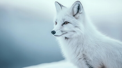 A graceful white fox, its sleek fur glistening under soft, natural light