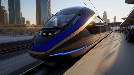 Fototapeta premium Futuristic high speed train in urban landscape symbolizes technological progress