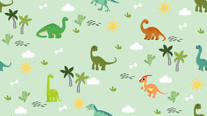 Dinosaurs seamless pattern background. Cute Dinosaurs illustration pattern. Cartoon Dinosaurs background. Perfect for fashion clothes, shirt, fabrics, textiles, wallpaper, decor, print, packaging.