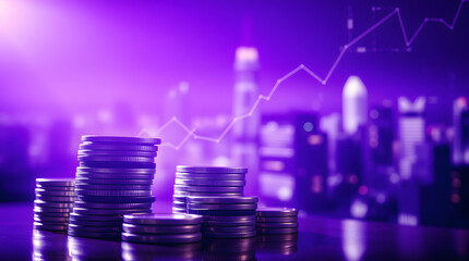 Stack of coins with a digital financial graph indicating market growth and success.