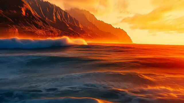 Breathtaking Sunset Over Waves and Rugged Coastal Landscape