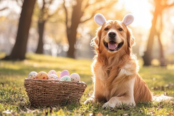 a golden retriever dog wearing bunny ears posing happily beside a basket of colorful Easter eggs. The scene is set in a sunny outdoor location