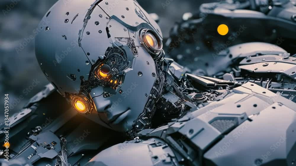 Poster robotic figure with illuminated features explores advanced technology and design in a futuristic env
