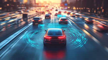 Fototapeta premium The Future of Driving: A sleek vehicle navigating a busy highway at dusk, illuminated by futuristic digital enhancements. The illustration captures the essence of technology and innovation.