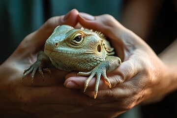 Caring hands gently cradling a content lizard in a peaceful natural setting