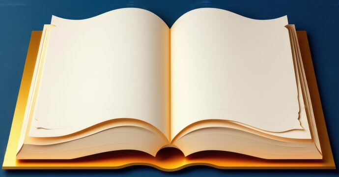 Paper cutout of oversized book with blank pages deep navy and warm gold symbolizing storytelling and customization