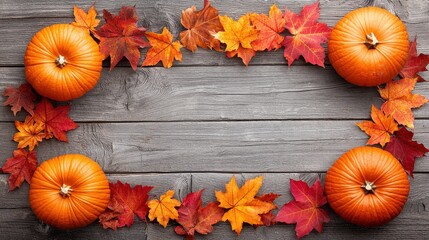 Autumn's bounty: Pumpkins and vibrant maple leaves on rustic wood backdrop