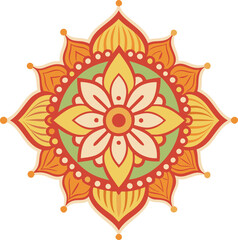 Colorful Floral Mandala Design, A vibrant and intricate mandala design with floral patterns in orange, green, and yellow tones, symbolizing balance and harmony.
