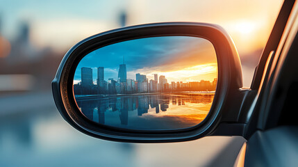 Reflections of the City: A captivating image, showcasing the urban landscape reflected in a car's side mirror, capturing the essence of travel and the allure of the cityscape.