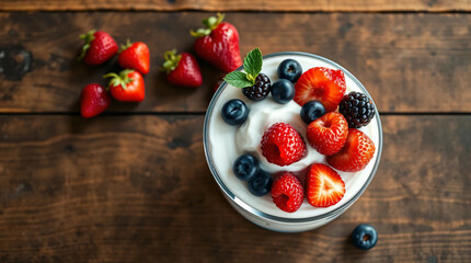 Summer berries yogurt fool dessert on a wooden table