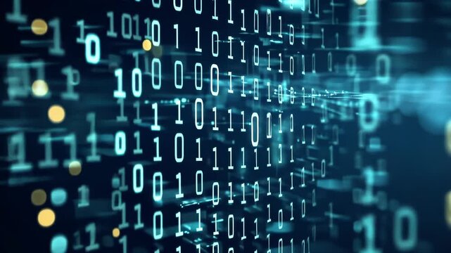 Exploring the depths of binary data in a digital landscape filled with vibrant lights and information streams