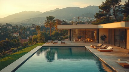 Modern luxury villa with infinity pool overlooking mountains at sunset.