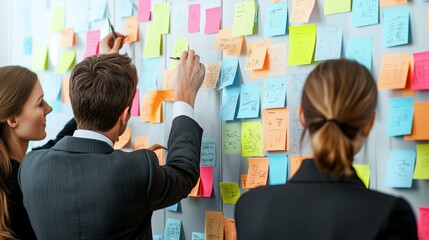 Business team working on project using sticky