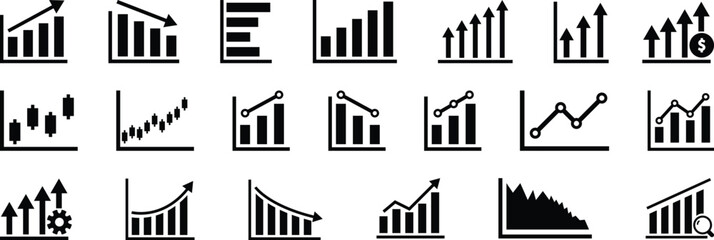 Graph and charts Fill icon set. icons related to graph, charts, candlesticks, bar charts. Business success graph chart with arrow. profit growing symbol, progress bar symbol.