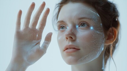 Woman interacting with futuristic interface of