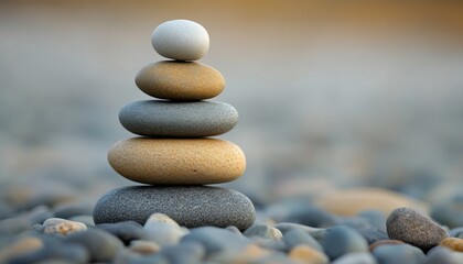 Stack of five pebbles balancing on a rocky beach