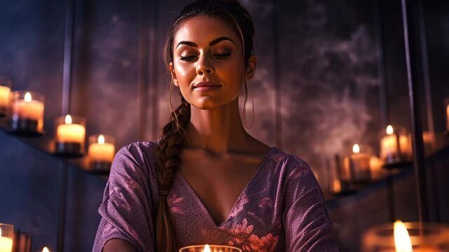A woman engages in deep meditation, enveloped by softly glowing candles that enhance the serene atmosphere, leading her towards tranquility and profound self-exploration.